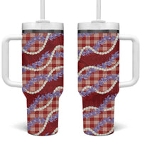 Red Hawaii Palaka Honohono Pikake Tumbler With Handle Hawaiian Orchid Lei Polynesian Pattern - Polynesian Pride