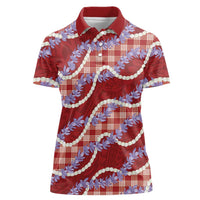 Red Hawaii Palaka Honohono Pikake Women Polo Shirt Hawaiian Orchid Lei Polynesian Pattern - Polynesian Pride