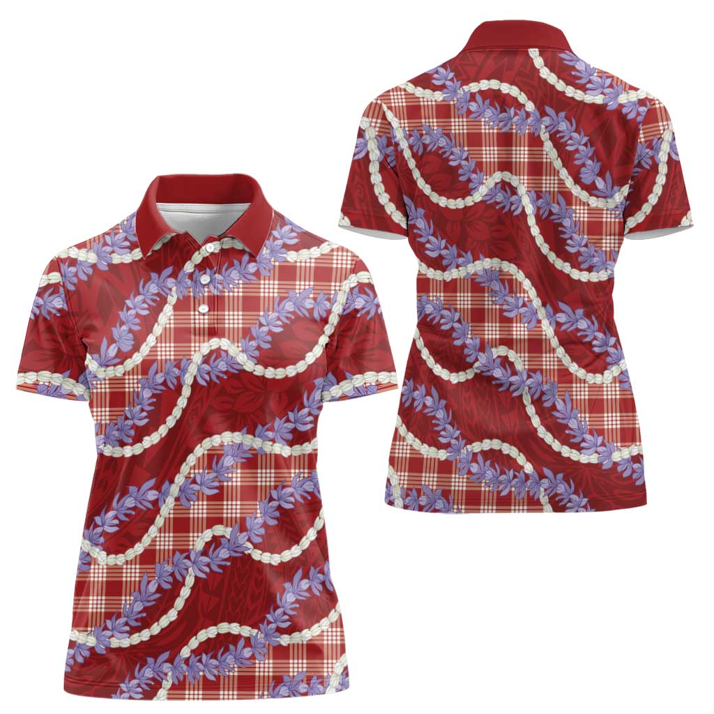 Red Hawaii Palaka Honohono Pikake Women Polo Shirt Hawaiian Orchid Lei Polynesian Pattern - Polynesian Pride