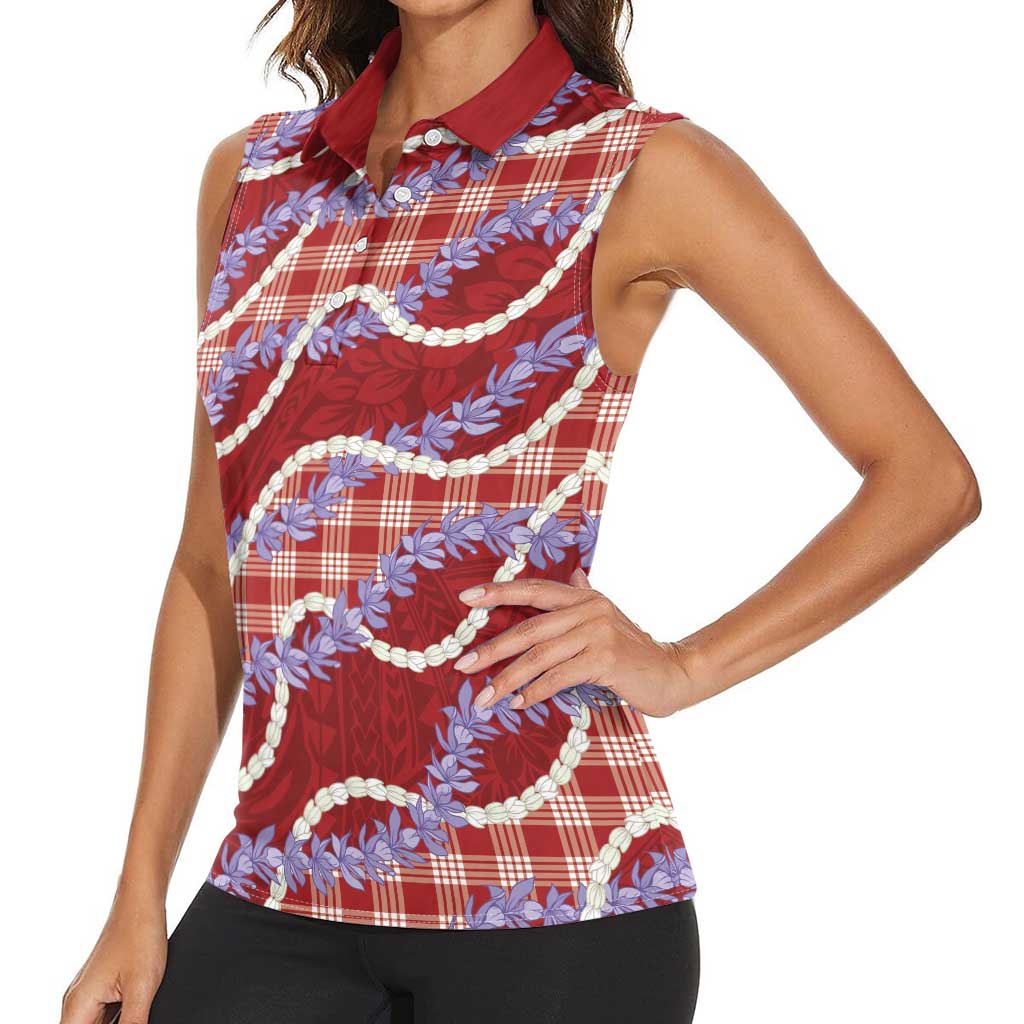 Red Hawaii Palaka Honohono Pikake Women Sleeveless Polo Shirt Hawaiian Orchid Lei Polynesian Pattern - Polynesian Pride