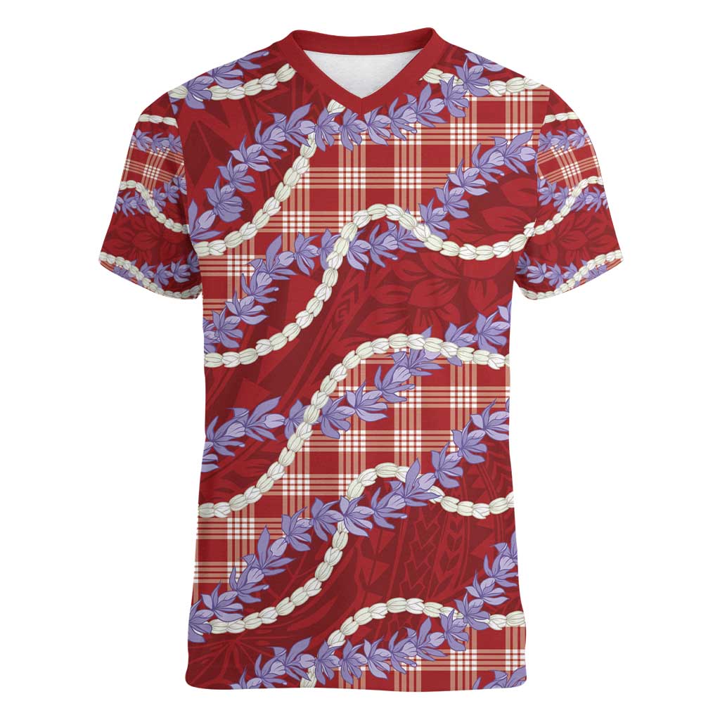 Red Hawaii Palaka Honohono Pikake Women V-Neck T-Shirt Hawaiian Orchid Lei Polynesian Pattern - Polynesian Pride