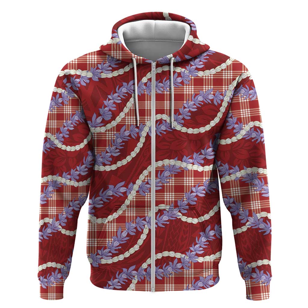 Red Hawaii Palaka Honohono Pikake Zip Hoodie Hawaiian Orchid Lei Polynesian Pattern - Polynesian Pride