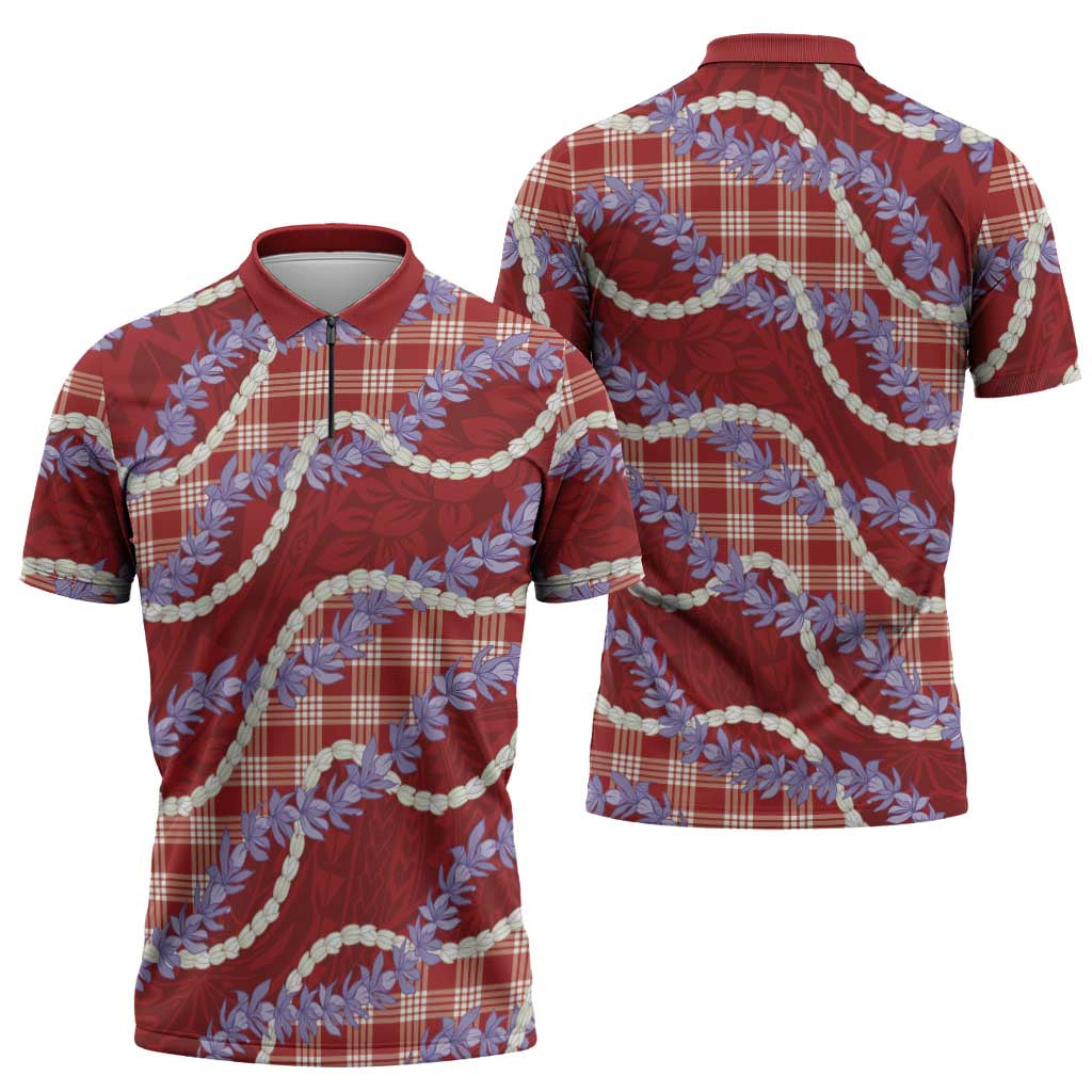 Red Hawaii Palaka Honohono Pikake Zipper Polo Shirt Hawaiian Orchid Lei Polynesian Pattern - Polynesian Pride