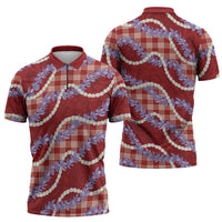Red Hawaii Palaka Honohono Pikake Zipper Polo Shirt Hawaiian Orchid Lei Polynesian Pattern - Polynesian Pride