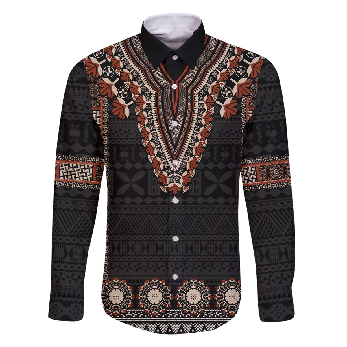 Bula Fiji Dashiki Vintage Fijian Masi Tapa Pattern Family Matching Long Sleeve Bodycon Dress and Hawaiian Shirt LT14 Dad's Shirt - Long Sleeve Brown - Polynesian Pride