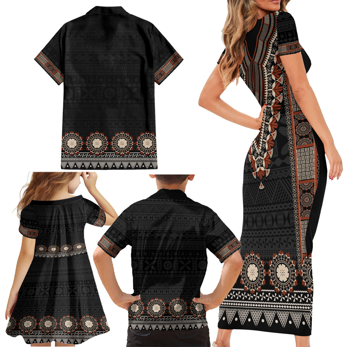 Bula Fiji Dashiki Vintage Fijian Masi Tapa Pattern Family Matching Short Sleeve Bodycon Dress and Hawaiian Shirt LT14 - Polynesian Pride