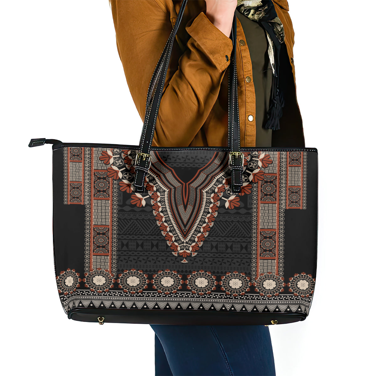 Bula Fiji Dashiki Vintage Fijian Masi Tapa Pattern Leather Tote Bag LT14 - Polynesian Pride