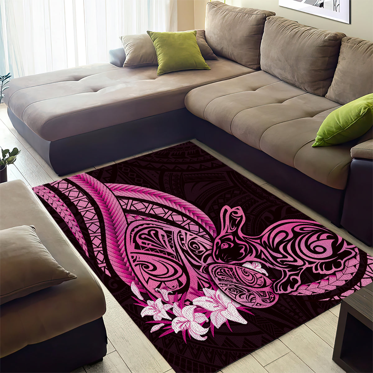 Pink Polynesia Easter Day Area Rug Eggs With Bunny Polynesian Pattern