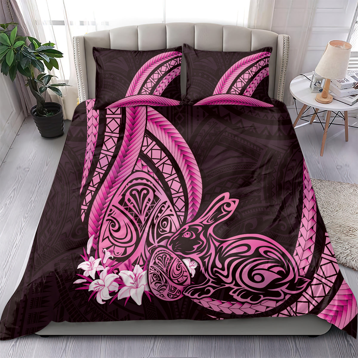 Pink Polynesia Easter Day Bedding Set Eggs With Bunny Polynesian Pattern