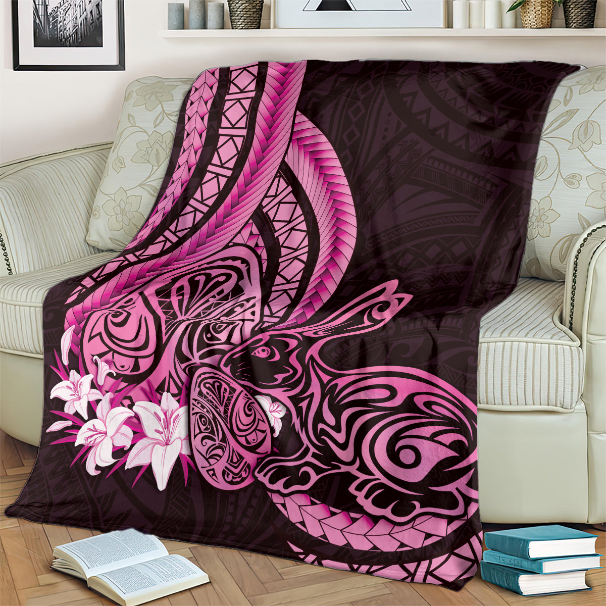 Pink Polynesia Easter Day Blanket Eggs With Bunny Polynesian Pattern