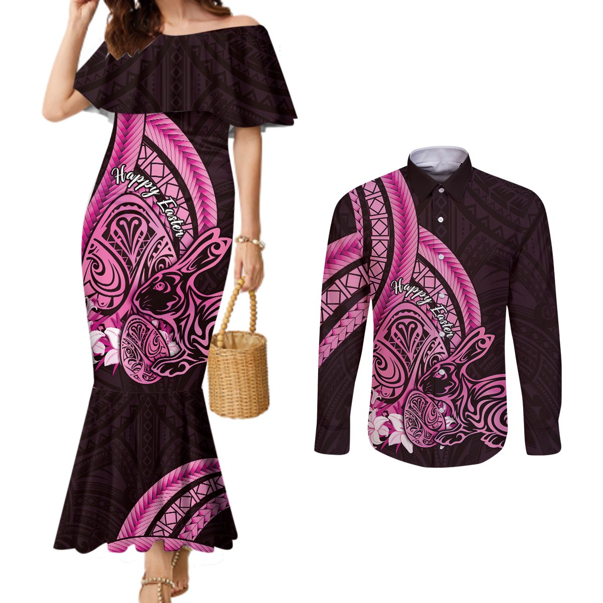 Pink Polynesia Easter Day Couples Matching Mermaid Dress and Long Sleeve Button Shirt Eggs With Bunny Polynesian Pattern