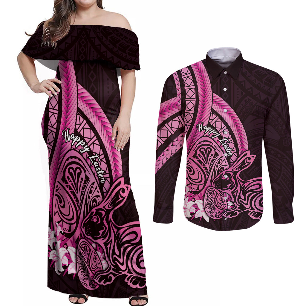 Pink Polynesia Easter Day Couples Matching Off Shoulder Maxi Dress and Long Sleeve Button Shirt Eggs With Bunny Polynesian Pattern