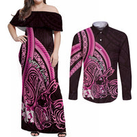Pink Polynesia Easter Day Couples Matching Off Shoulder Maxi Dress and Long Sleeve Button Shirt Eggs With Bunny Polynesian Pattern
