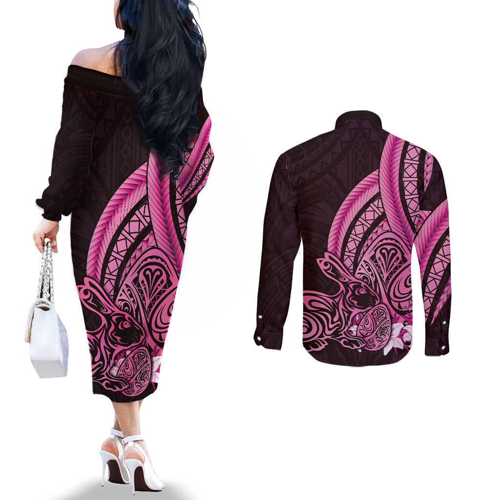 Pink Polynesia Easter Day Couples Matching Off The Shoulder Long Sleeve Dress and Long Sleeve Button Shirt Eggs With Bunny Polynesian Pattern