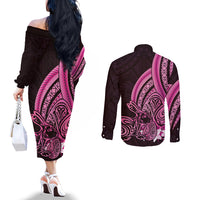 Pink Polynesia Easter Day Couples Matching Off The Shoulder Long Sleeve Dress and Long Sleeve Button Shirt Eggs With Bunny Polynesian Pattern