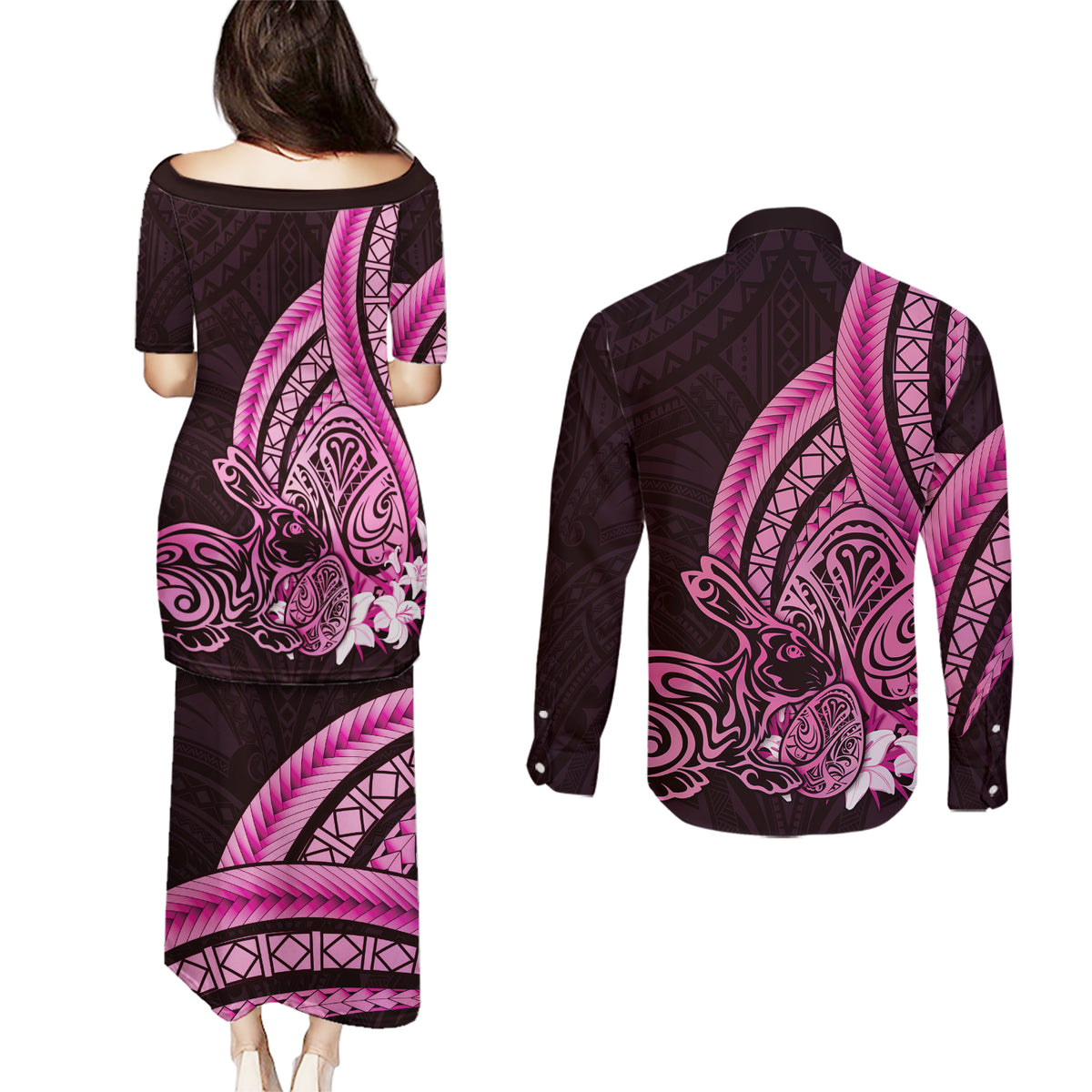 Pink Polynesia Easter Day Couples Matching Puletasi and Long Sleeve Button Shirt Eggs With Bunny Polynesian Pattern