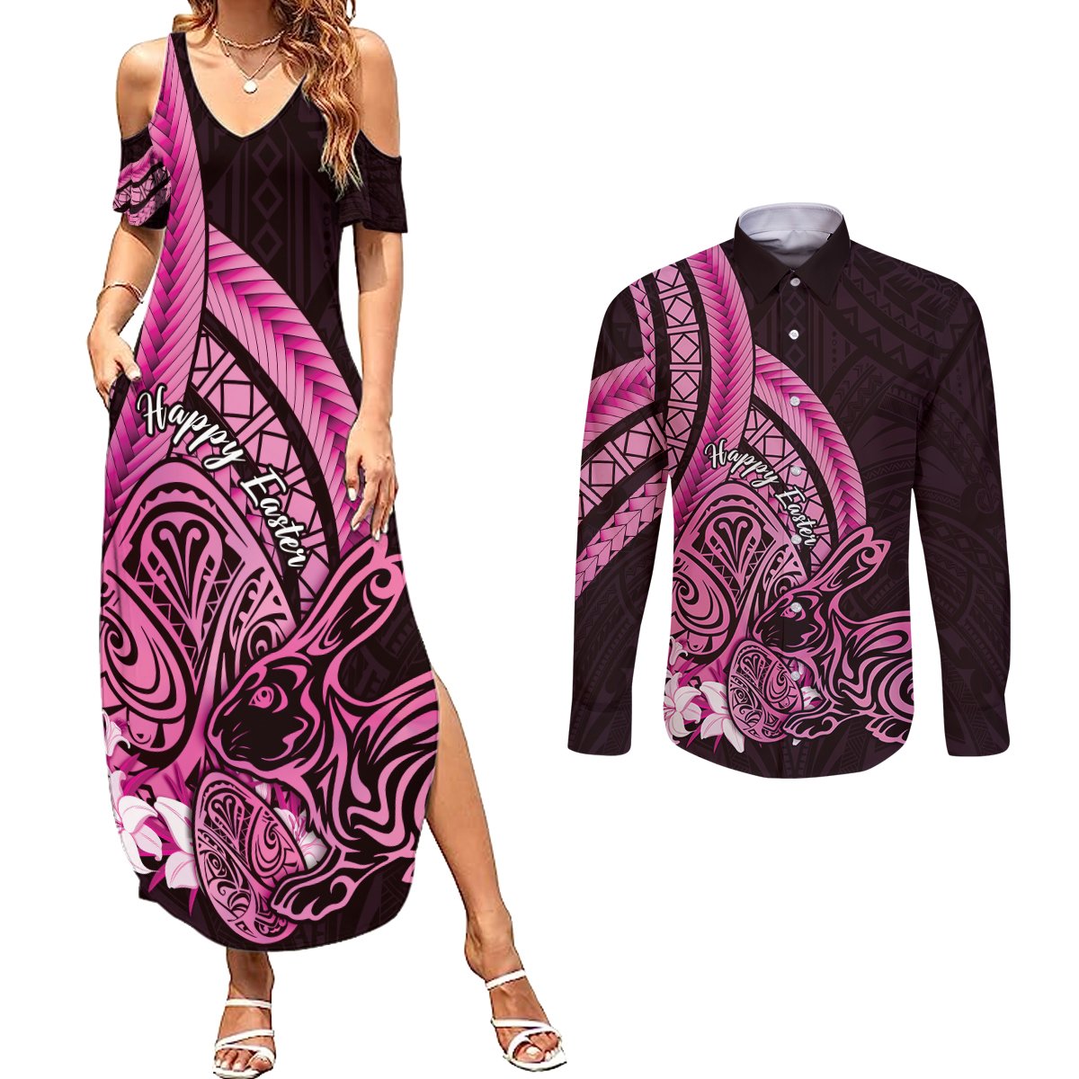 Pink Polynesia Easter Day Couples Matching Summer Maxi Dress and Long Sleeve Button Shirt Eggs With Bunny Polynesian Pattern