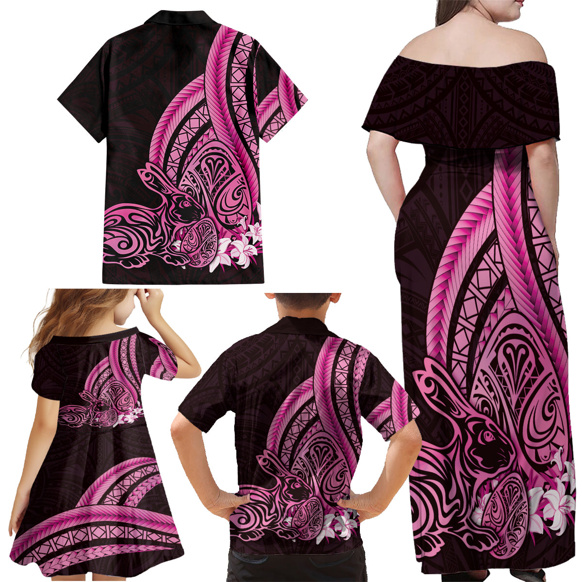 Pink Polynesia Easter Day Family Matching Off Shoulder Maxi Dress and Hawaiian Shirt Eggs With Bunny Polynesian Pattern
