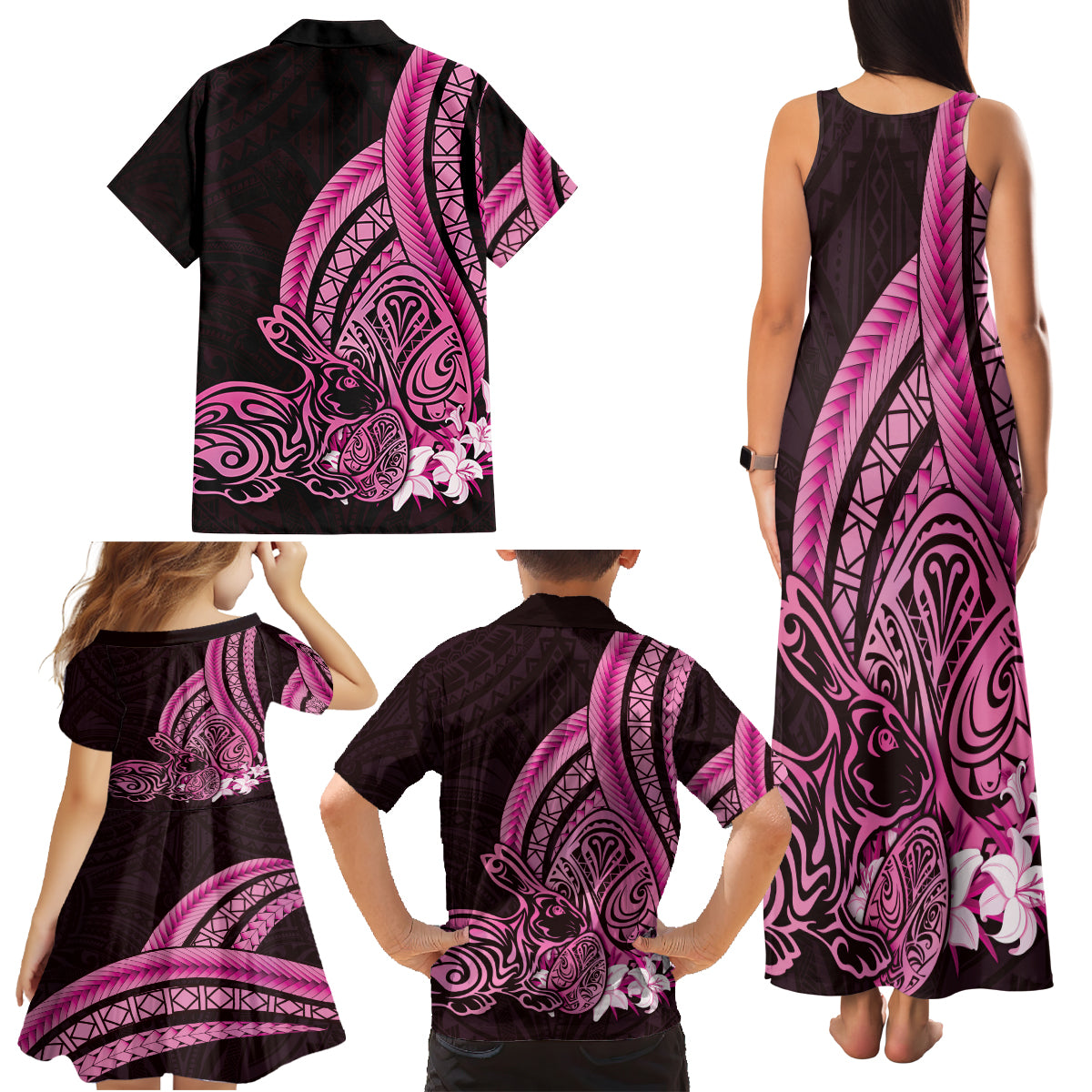 Pink Polynesia Easter Day Family Matching Tank Maxi Dress and Hawaiian Shirt Eggs With Bunny Polynesian Pattern