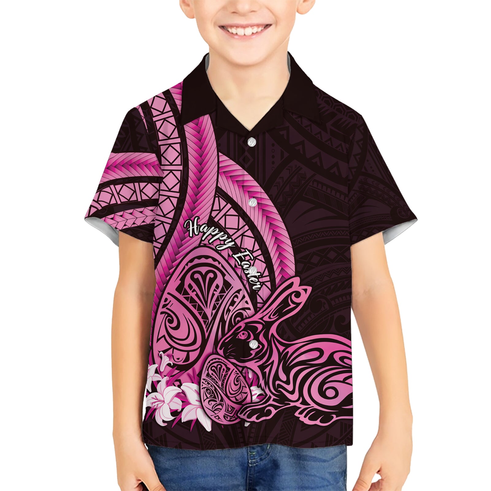 Pink Polynesia Easter Day Kid Hawaiian Shirt Eggs With Bunny Polynesian Pattern