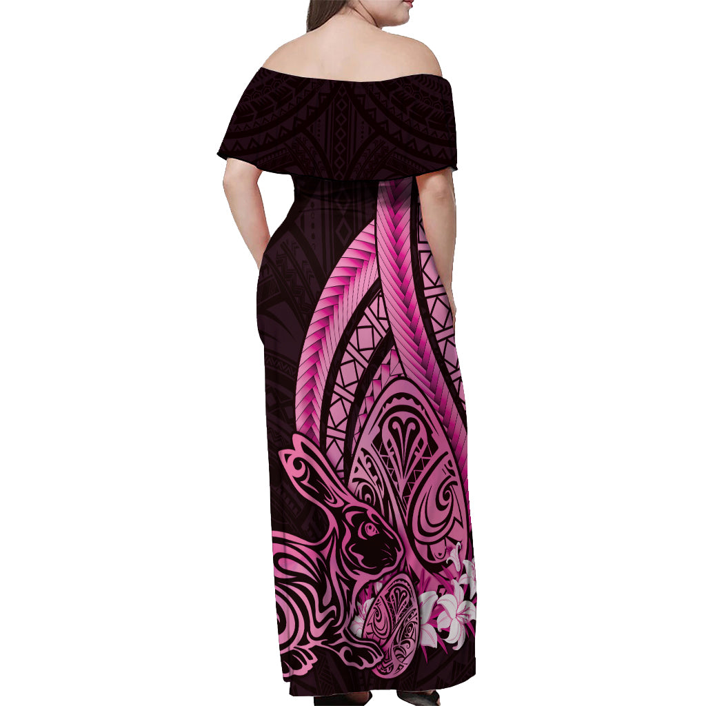 Pink Polynesia Easter Day Off Shoulder Maxi Dress Eggs With Bunny Polynesian Pattern