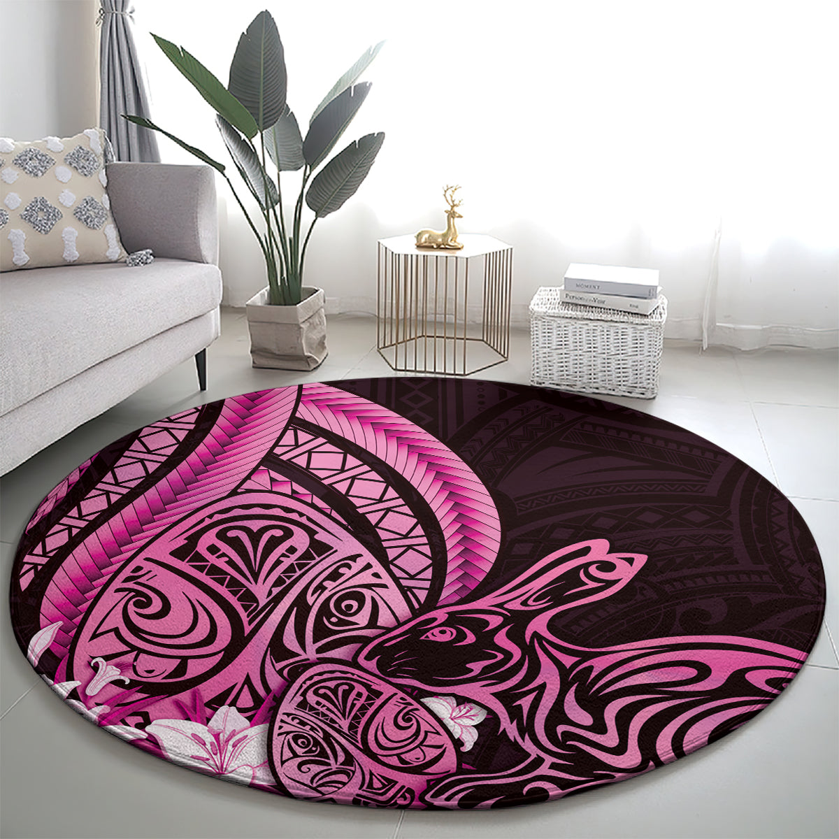 Pink Polynesia Easter Day Round Carpet Eggs With Bunny Polynesian Pattern