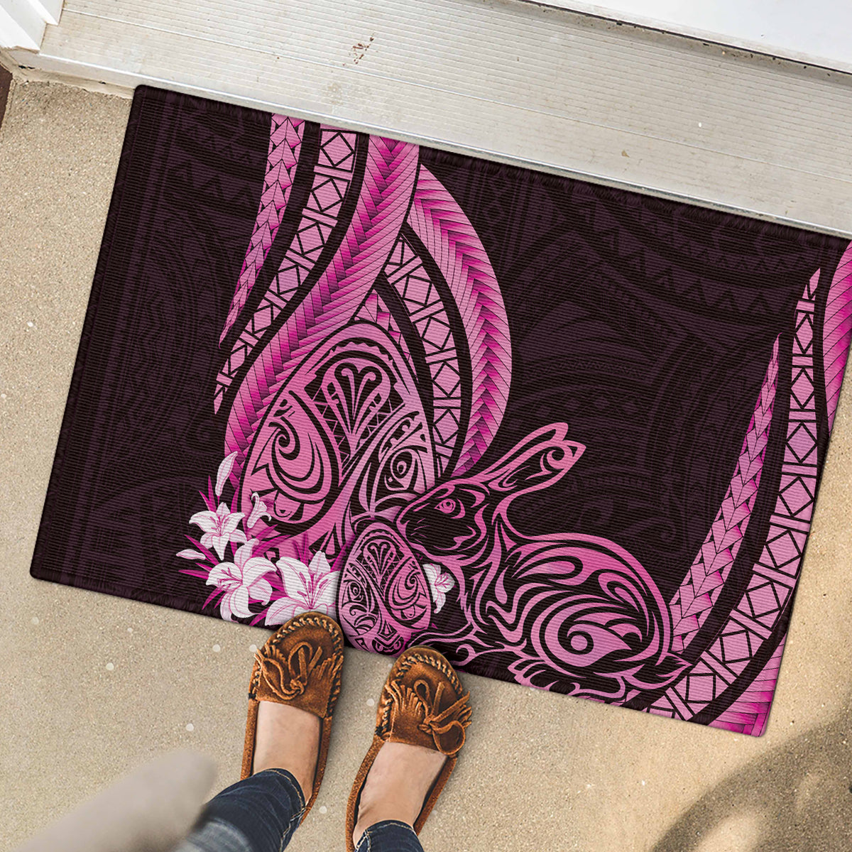 Pink Polynesia Easter Day Rubber Doormat Eggs With Bunny Polynesian Pattern