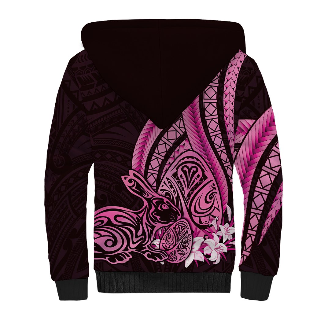 Pink Polynesia Easter Day Sherpa Hoodie Eggs With Bunny Polynesian Pattern