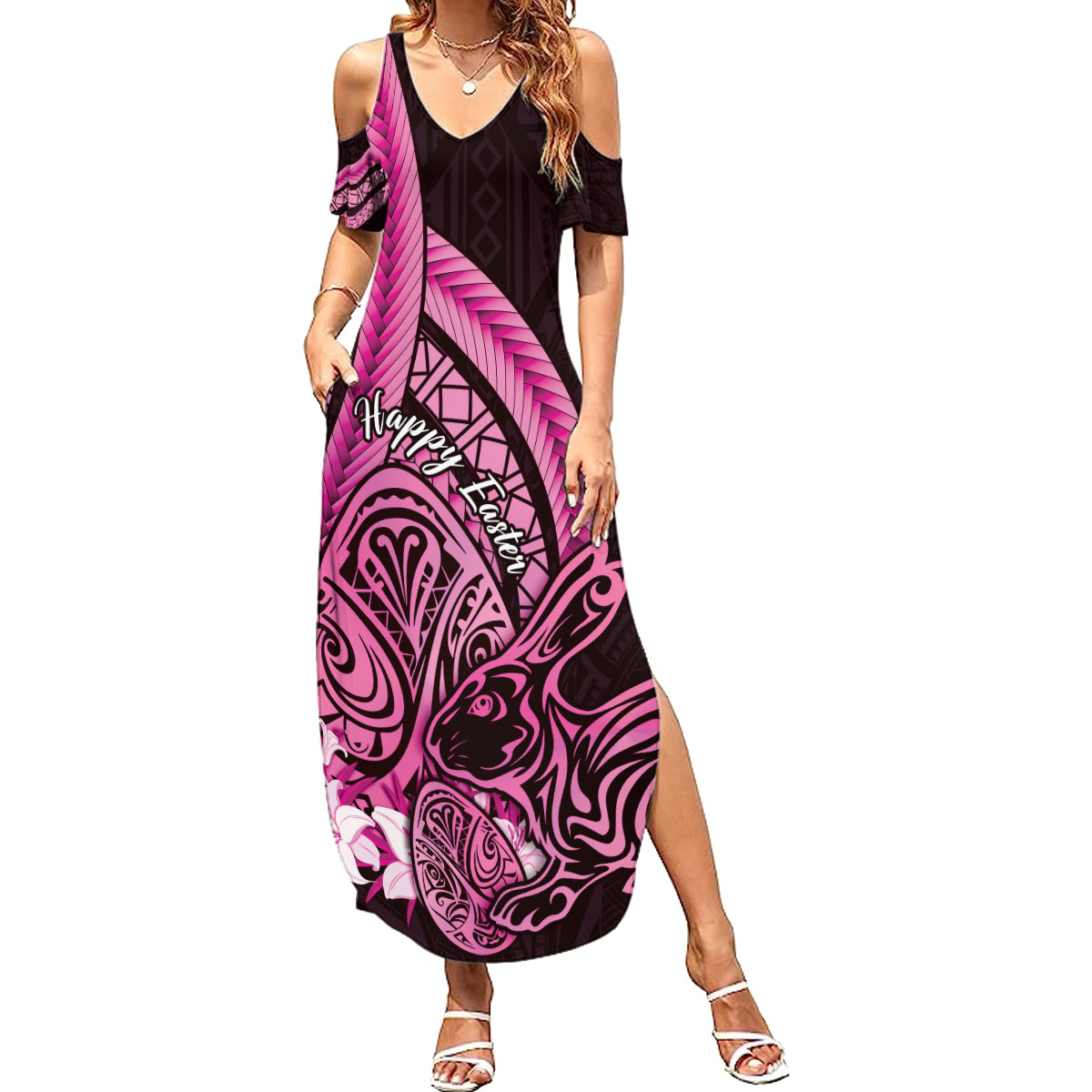 Pink Polynesia Easter Day Summer Maxi Dress Eggs With Bunny Polynesian Pattern