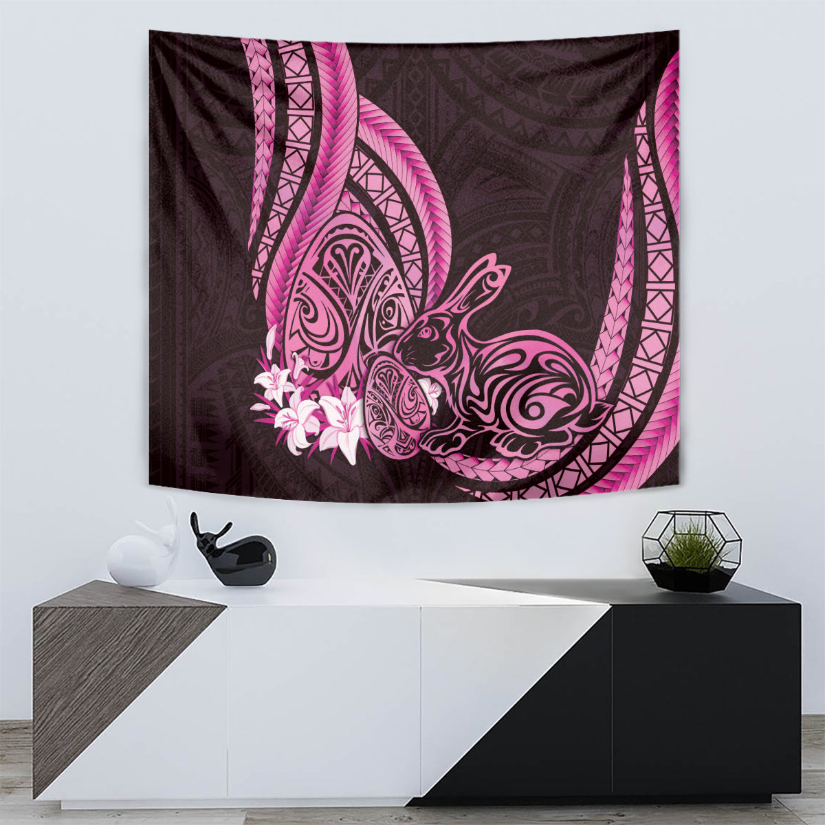 Pink Polynesia Easter Day Tapestry Eggs With Bunny Polynesian Pattern