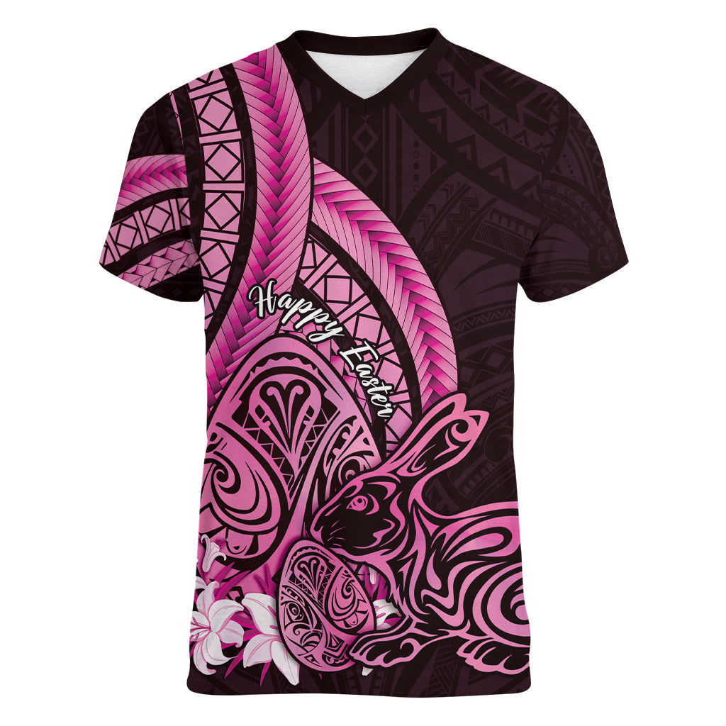 Pink Polynesia Easter Day Women V Neck T Shirt Eggs With Bunny Polynesian Pattern