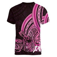 Pink Polynesia Easter Day Women V Neck T Shirt Eggs With Bunny Polynesian Pattern