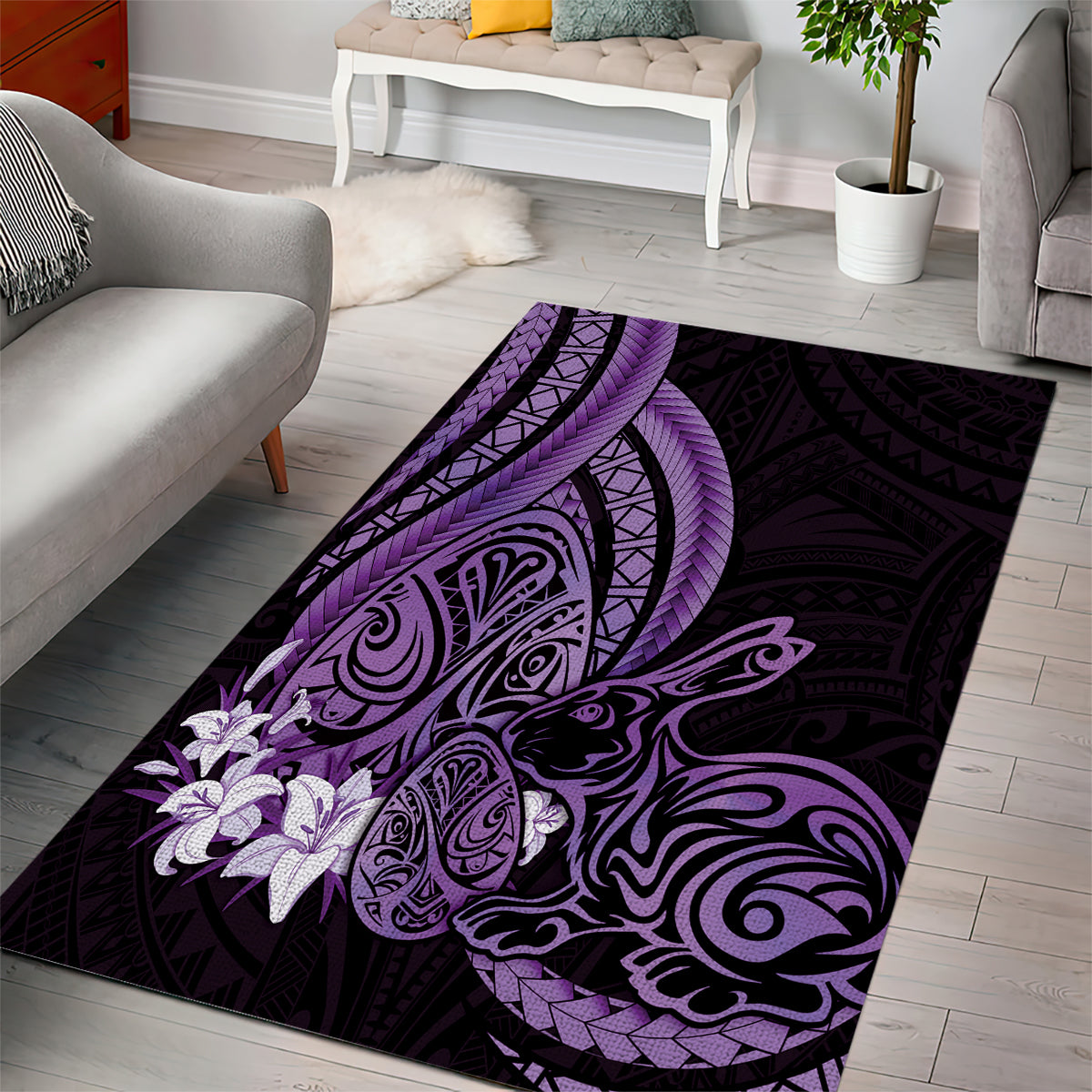 Purple Polynesia Easter Day Area Rug Eggs With Bunny Polynesian Pattern