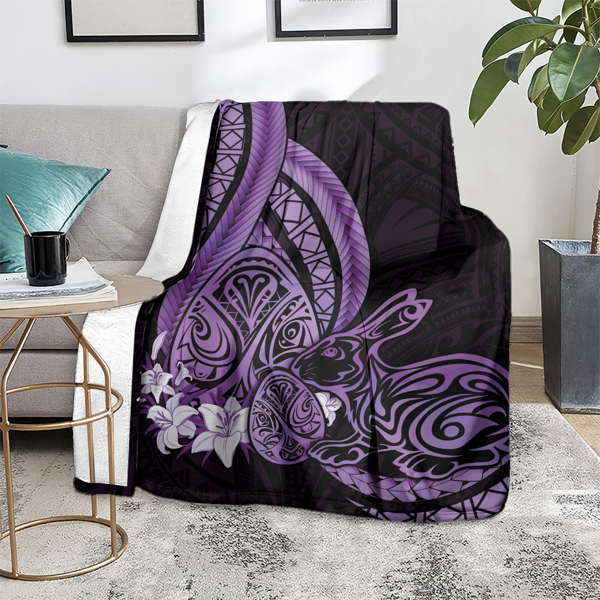 Purple Polynesia Easter Day Blanket Eggs With Bunny Polynesian Pattern