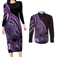 Purple Polynesia Easter Day Couples Matching Long Sleeve Bodycon Dress and Long Sleeve Button Shirt Eggs With Bunny Polynesian Pattern
