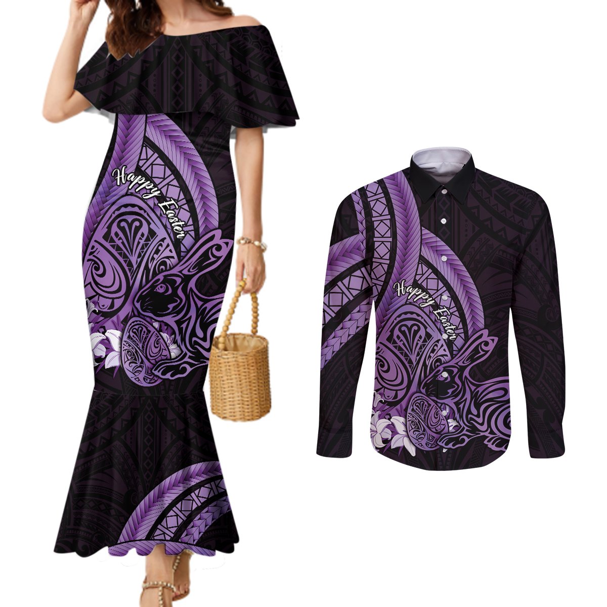 Purple Polynesia Easter Day Couples Matching Mermaid Dress and Long Sleeve Button Shirt Eggs With Bunny Polynesian Pattern