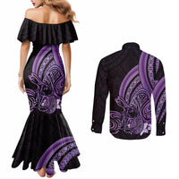 Purple Polynesia Easter Day Couples Matching Mermaid Dress and Long Sleeve Button Shirt Eggs With Bunny Polynesian Pattern