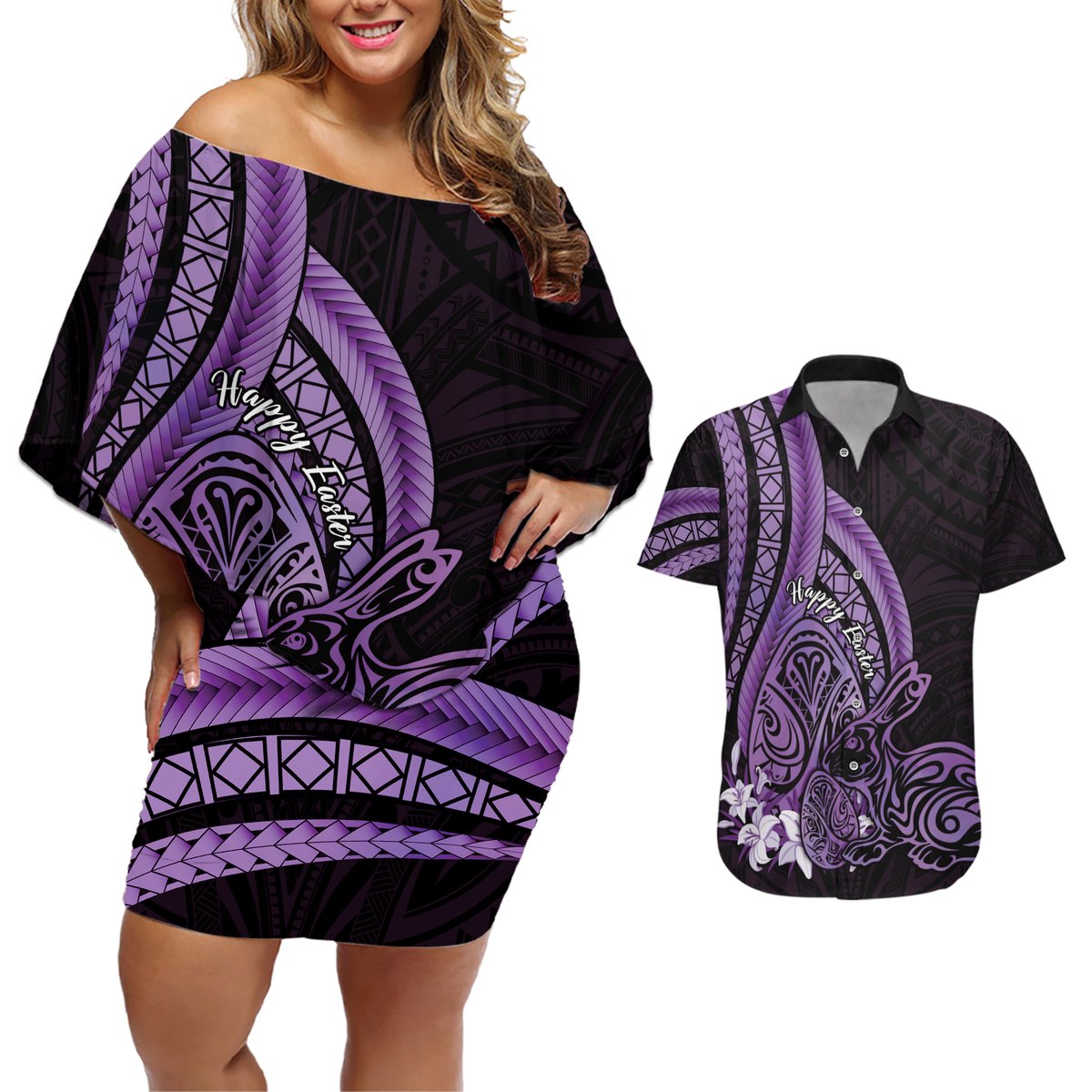 Purple Polynesia Easter Day Couples Matching Off Shoulder Short Dress and Hawaiian Shirt Eggs With Bunny Polynesian Pattern