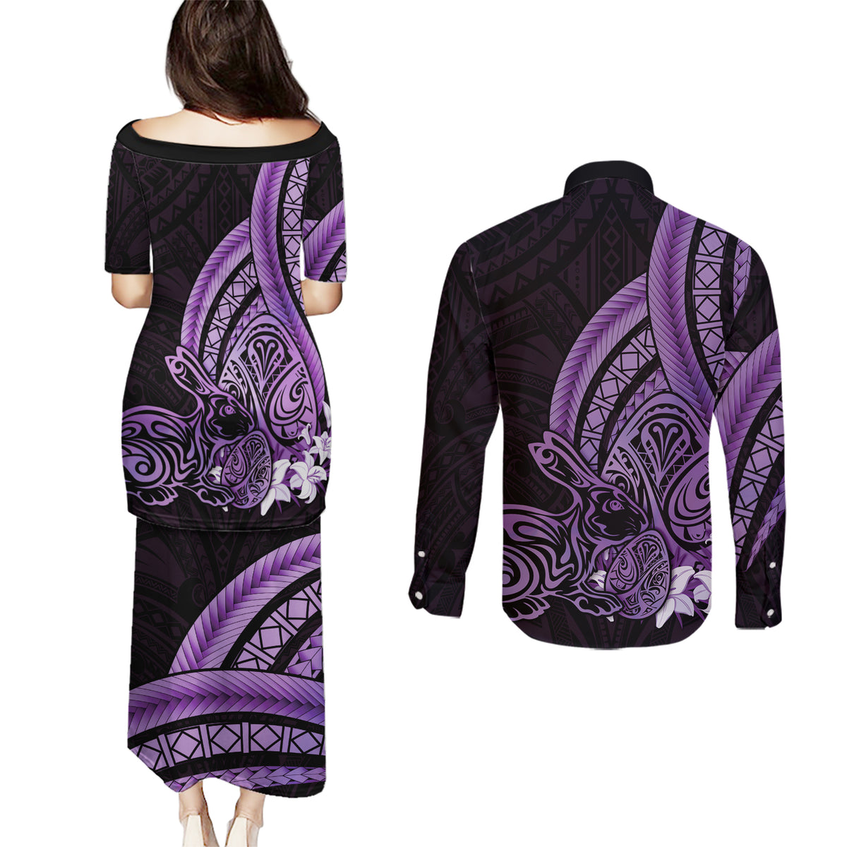 Purple Polynesia Easter Day Couples Matching Puletasi and Long Sleeve Button Shirt Eggs With Bunny Polynesian Pattern