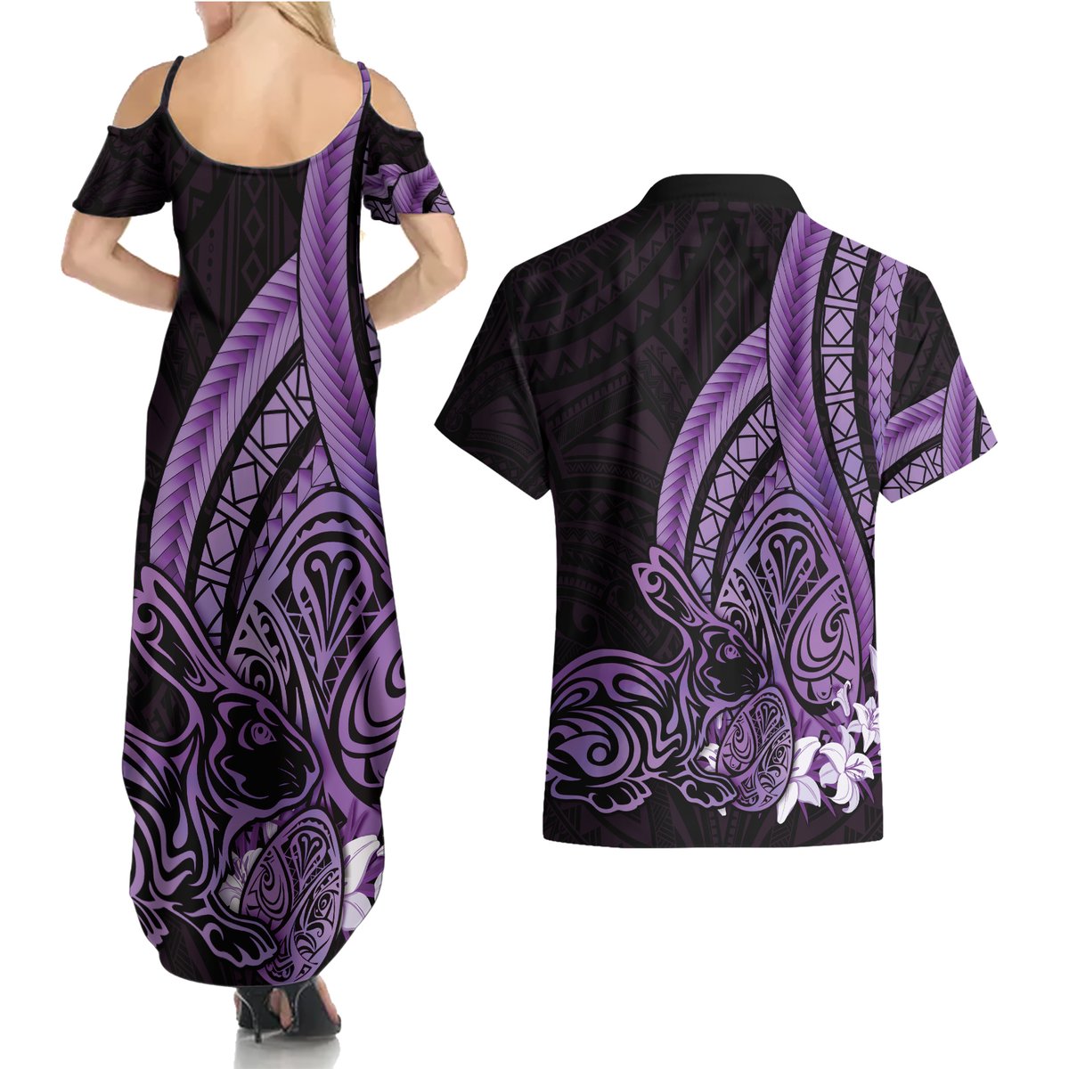 Purple Polynesia Easter Day Couples Matching Summer Maxi Dress and Hawaiian Shirt Eggs With Bunny Polynesian Pattern