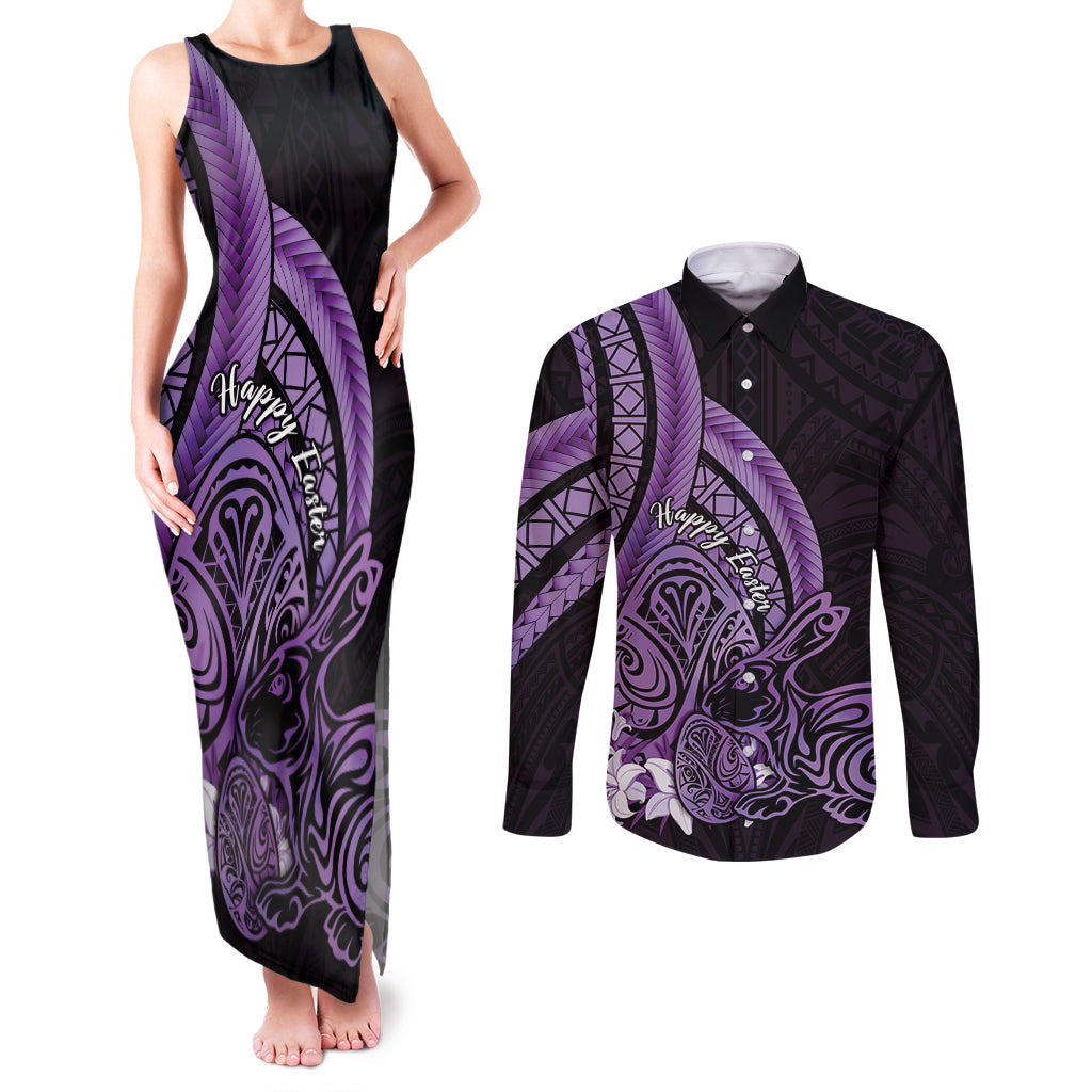 Purple Polynesia Easter Day Couples Matching Tank Maxi Dress and Long Sleeve Button Shirt Eggs With Bunny Polynesian Pattern