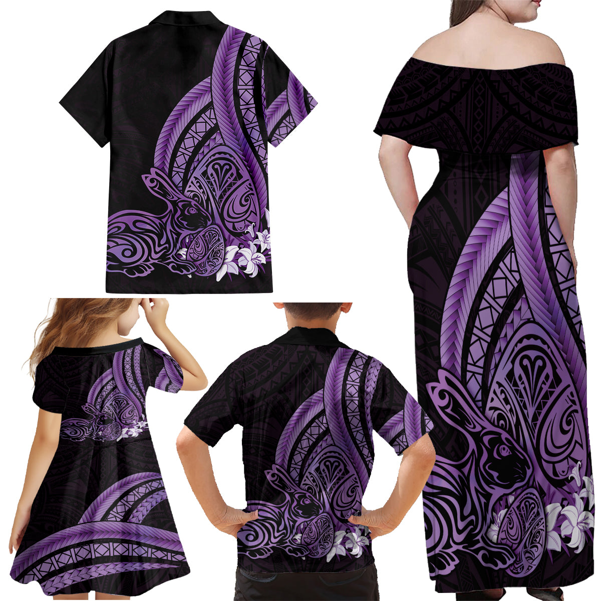 Purple Polynesia Easter Day Family Matching Off Shoulder Maxi Dress and Hawaiian Shirt Eggs With Bunny Polynesian Pattern