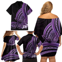 Purple Polynesia Easter Day Family Matching Off Shoulder Short Dress and Hawaiian Shirt Eggs With Bunny Polynesian Pattern