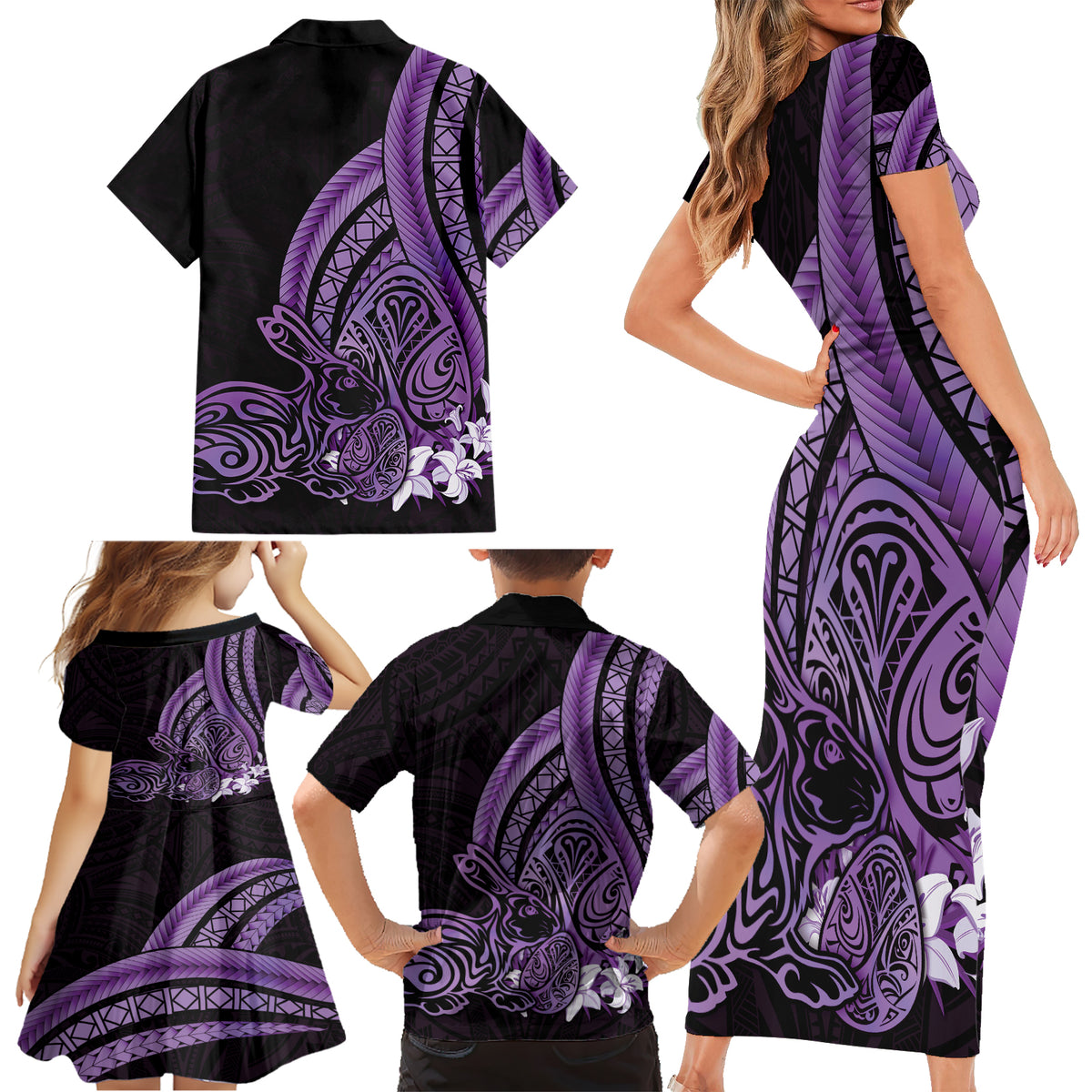Purple Polynesia Easter Day Family Matching Short Sleeve Bodycon Dress and Hawaiian Shirt Eggs With Bunny Polynesian Pattern