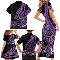 Purple Polynesia Easter Day Family Matching Short Sleeve Bodycon Dress and Hawaiian Shirt Eggs With Bunny Polynesian Pattern