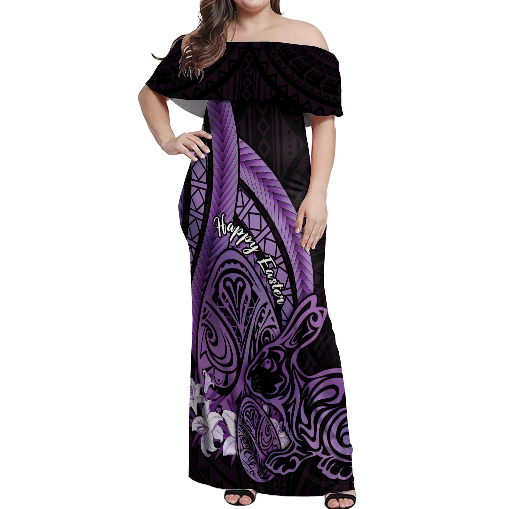 Purple Polynesia Easter Day Off Shoulder Maxi Dress Eggs With Bunny Polynesian Pattern