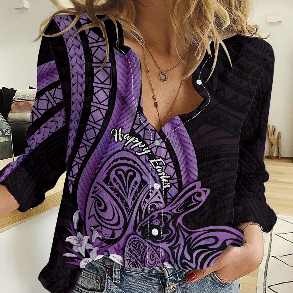 Purple Polynesia Easter Day Women Casual Shirt Eggs With Bunny Polynesian Pattern
