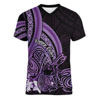 Purple Polynesia Easter Day Women V Neck T Shirt Eggs With Bunny Polynesian Pattern