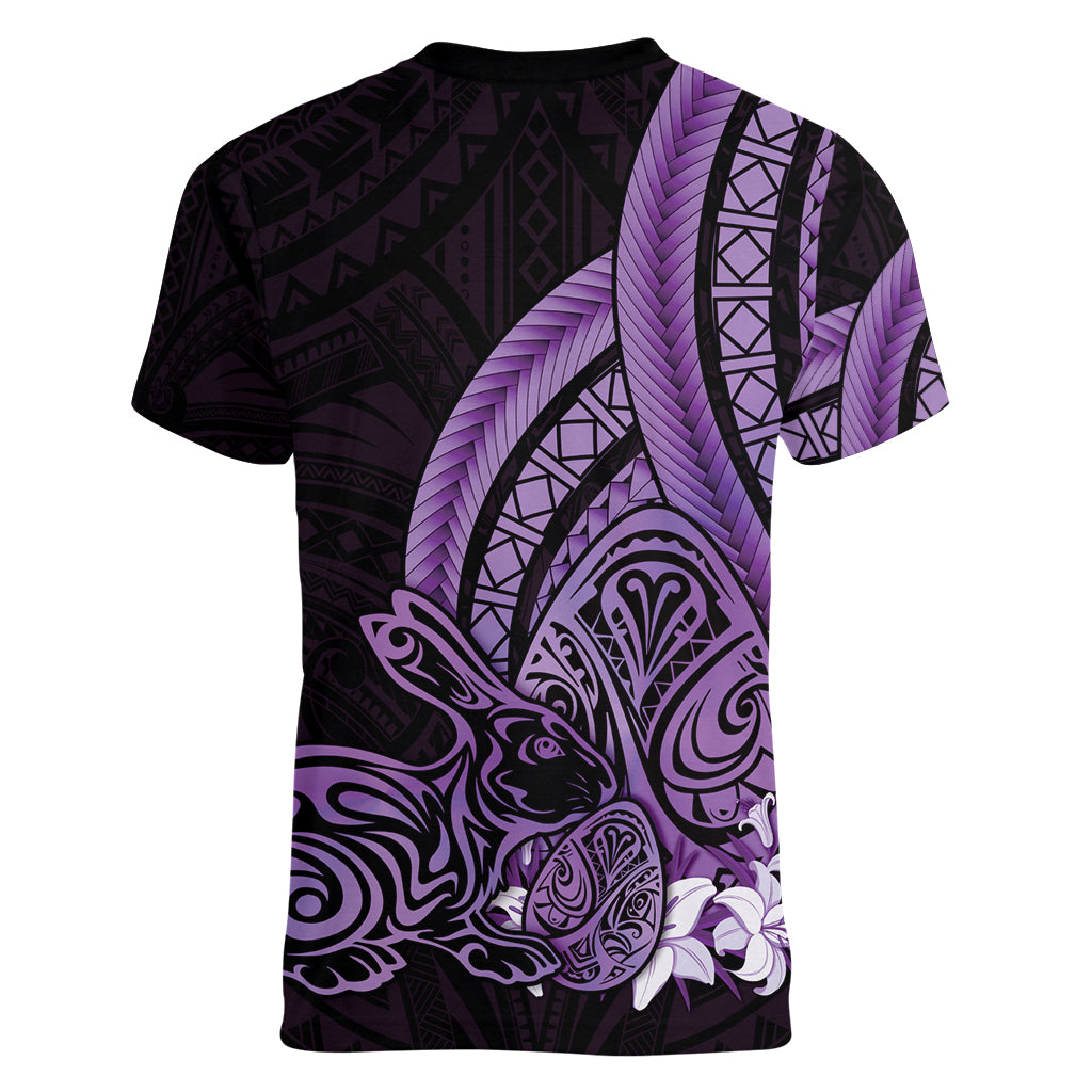 Purple Polynesia Easter Day Women V Neck T Shirt Eggs With Bunny Polynesian Pattern