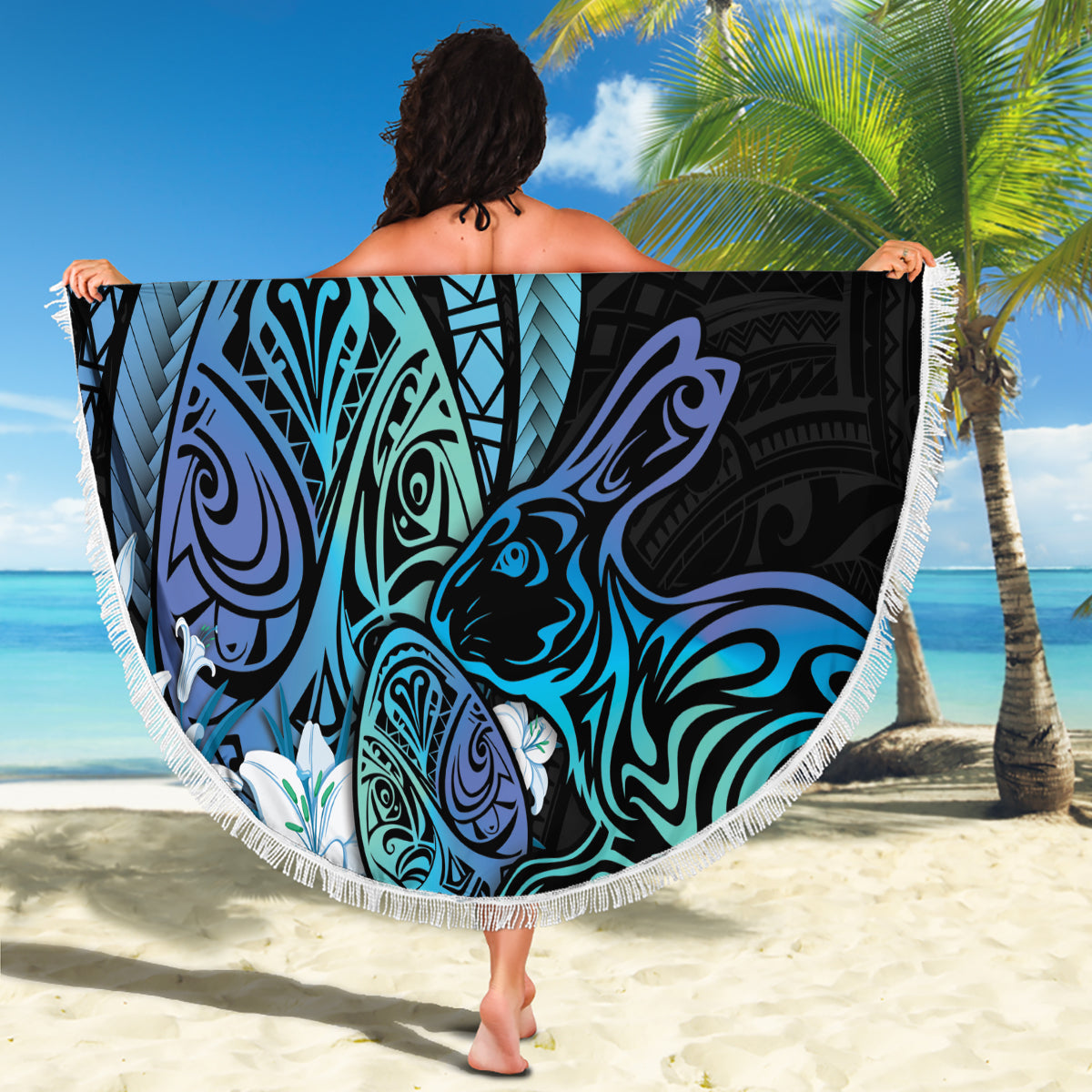 Turquoise Polynesia Easter Day Beach Blanket Eggs With Bunny Polynesian Pattern